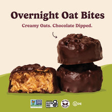 Promotional image showing Overnight Oat Bites headline and chocolate-dipped oat bites, one cut open to show creamy oats and badges