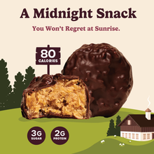 Promotional banner showing Cookie Dough Bites with headline A Midnight Snack and nutrition callouts 80 calories, 3g sugar, 2g protein