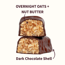 Two stacked chocolate bars with oat filling; text reads 'OVERNIGHT OATS + NUT BUTTER' and 'Dark Chocolate Shell'