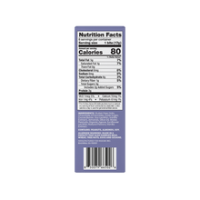 Nutrition facts label showing 80 calories per bite (serving size 1 bite / 17 g), 6 servings per container, 2 g protein, and allergen notice listing peanuts, almonds, soy