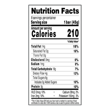 Nutrition facts: serving 1 bar (45g); Calories 210; Total Fat 14g; Saturated Fat 3g; Trans Fat 0g; Cholesterol 0mg; Sodium 1mg; Total Carbohydrate 19g; Dietary Fiber 4g; Total Sugar 6g; Added Sugar 5g; Protein 5g; Vitamin D 2 mcg; Calcium 28 mg; Iron 2mg; Potassium 155 mg.