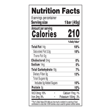 Nutrition facts: serving 1 bar (45g); Calories 210; Total Fat 14g; Saturated Fat 3.5g; Trans Fat 0g; Cholesterol 0mg' Sodium 1mg; Total Carbohydrate 19g; Dietary Fiber 3g; Total Sugar 6g; Added Sugar 5g; Protein 5g; Vitamin D 2 mcg; Calcium 17 mg; Iron 2mg; Potassium 155 mg.