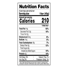 Nutrition facts: serving 1 bar (45g); Calories 210; Total Fat 14g; Saturated Fat 3.5g; Trans Fat 0g; Cholesterol 0mg; Sodium 1mg; Total Carbohydrate 19g; Dietary Fiber 3g; Total Sugar 6g; Added Sugar 5g; Protein 5g; Vitamin D 2 mcg; Calcium 17 mg; Iron 2mg; Potassium 152 mg.