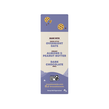 Front view of Cookie Dough Bites box showing Swiss-style overnight oats, creamy almond & peanut butter filling, and dark chocolate shell on white background