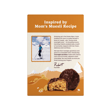 Back of Peanut Butter Bites box with headline Inspired by Mom's Muesli Recipe and photo of a chocolate-coated bite plus cross-section